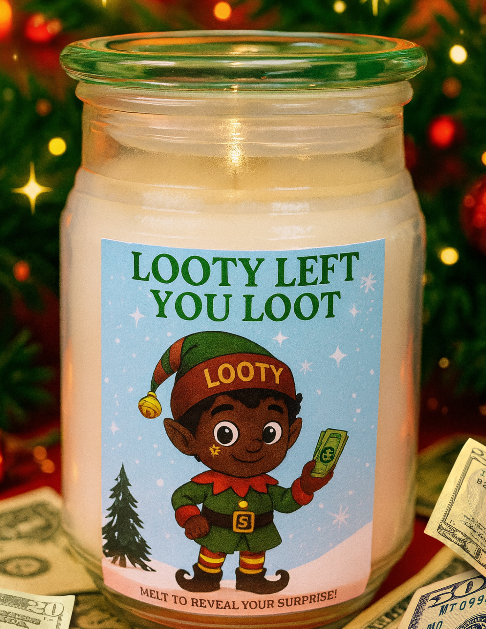 Looty The Elf  (Wickless Cash Candle) Ships Free
